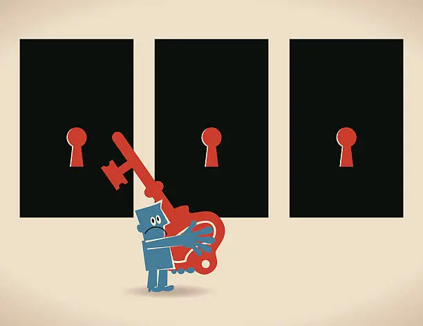 Vector illustration of Businessman holding a big Key, choosing the right door