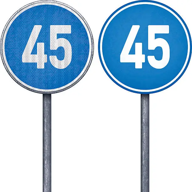 Vector illustration of Two blue minimum speed limit 45 circular road signs