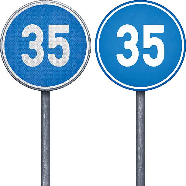 Vector illustration of Two blue minimum speed limit 35 circular road signs