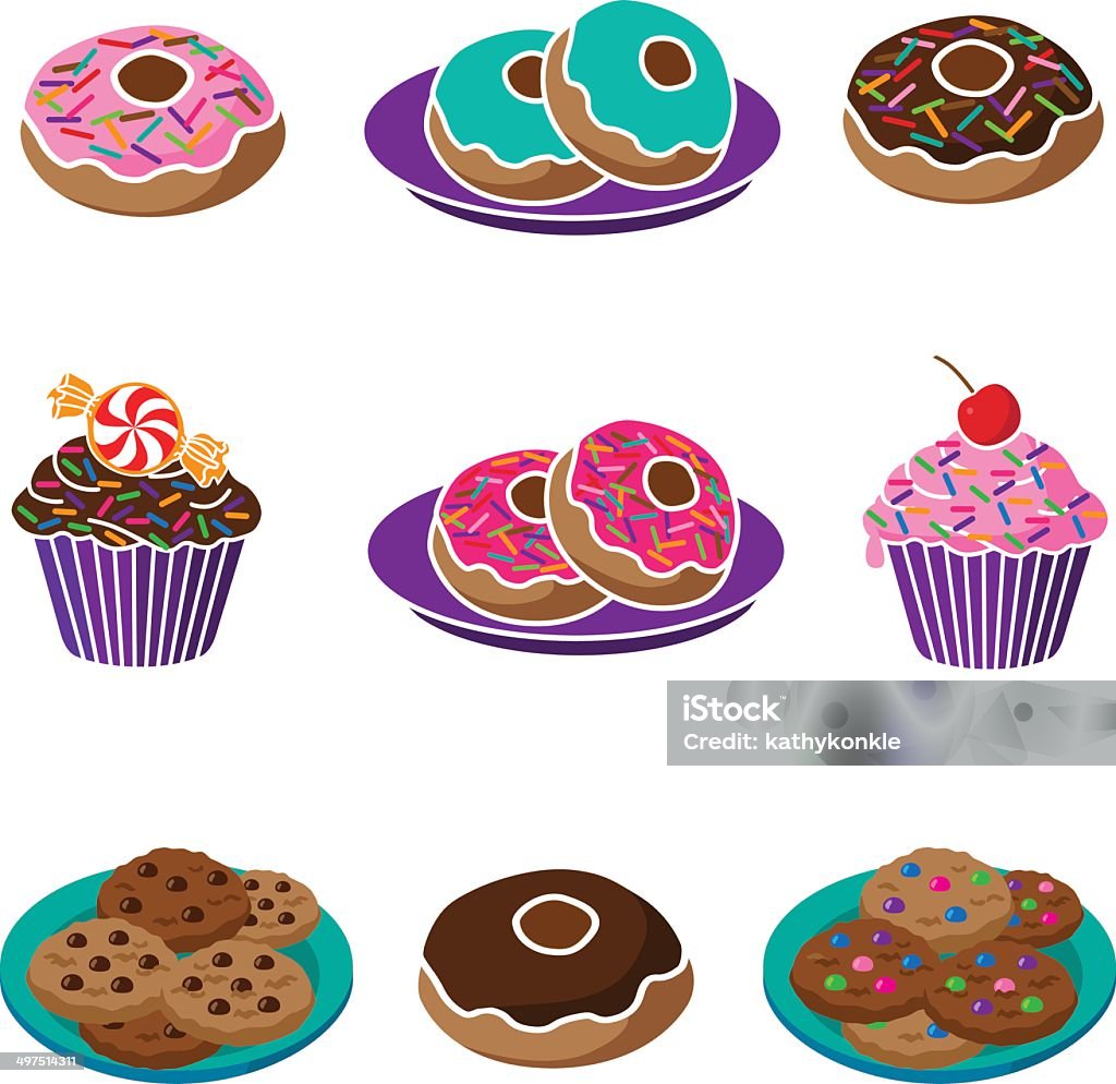Pączki, pliki cookie i cupcakes - Grafika wektorowa royalty-free (Ciasteczko)