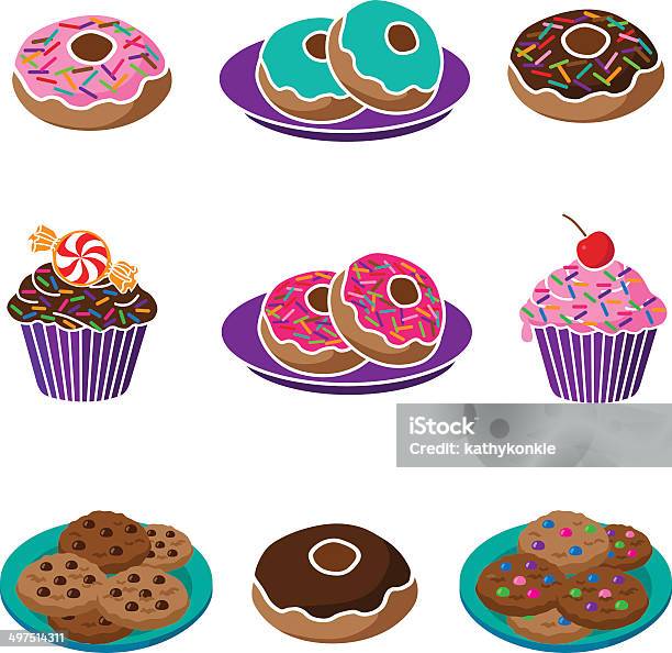 Pączki Pliki Cookie I Cupcakes - Stockowe grafiki wektorowe i więcej obrazów Ciasteczko - Ciasteczko, Ciastko z kawałkami czekolady, Cukier