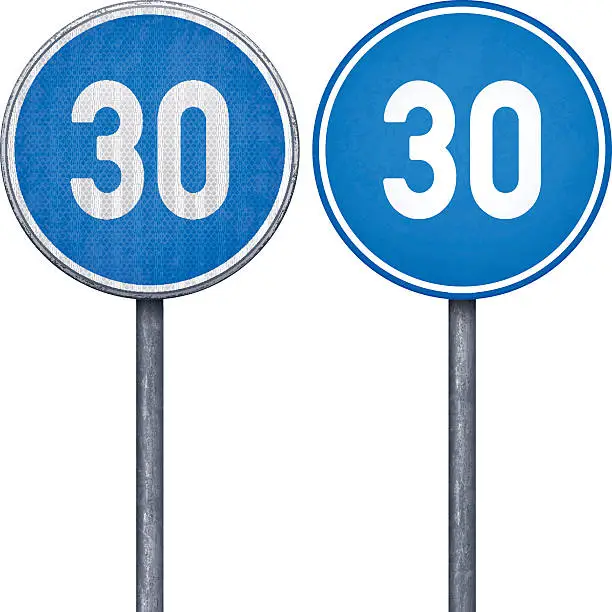 Vector illustration of Two blue minimum speed limit 30 circular road signs
