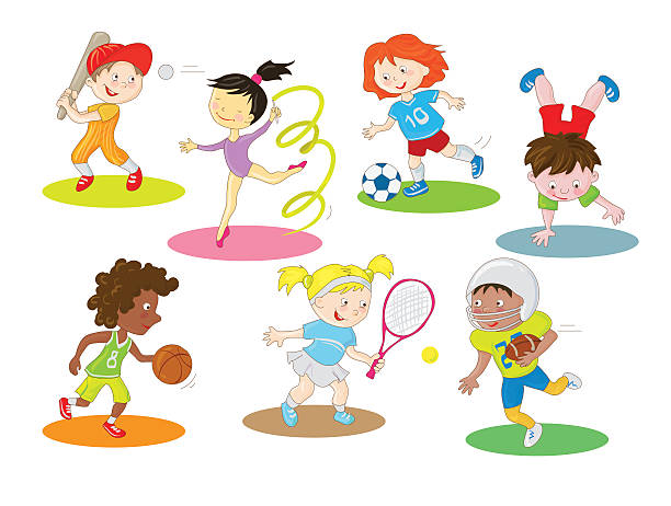 행복하고 건강한 및 활동적임 어린이 있는 실내 및 실외 스포츠 - tennis child white background sport stock illustrations