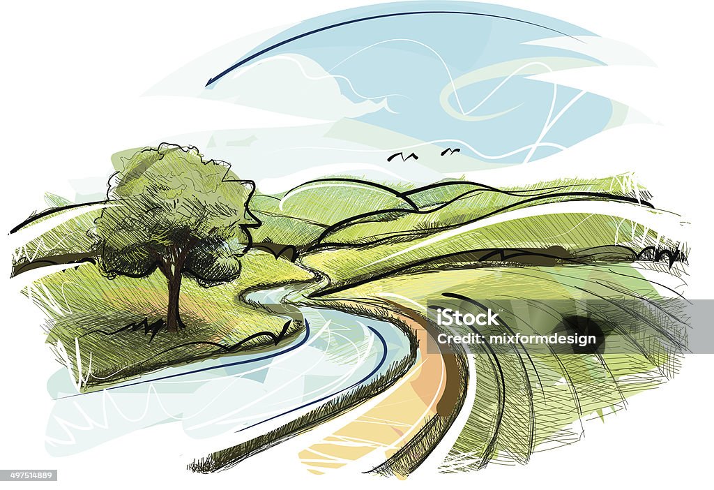 Landscape sketch vectorimage; without opening paths, with bi JPEG including; only onle layer, created with graphic tablet Landscaped stock vector