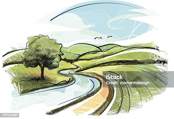 Landscape Sketch Stock Illustration - Download Image Now - Landscaped, River, Road