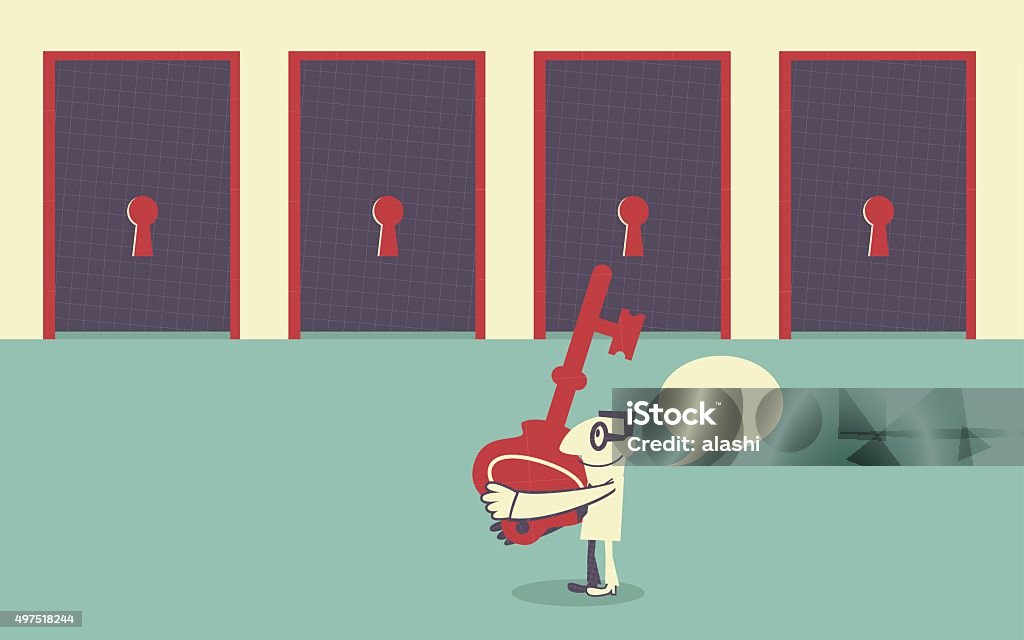 Businessman holding a big Key, choosing the right door Vector art illustration. 2015 stock vector