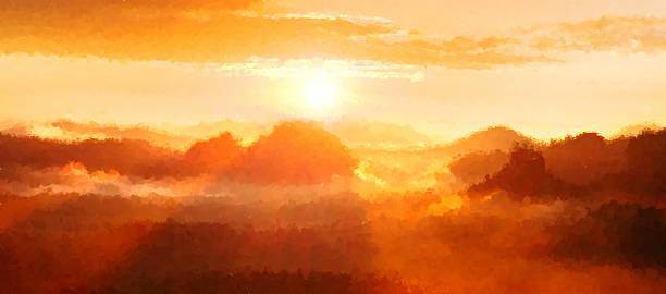istock Watercolor paint. Paint effect. Red misty mountains. panorama 497519514