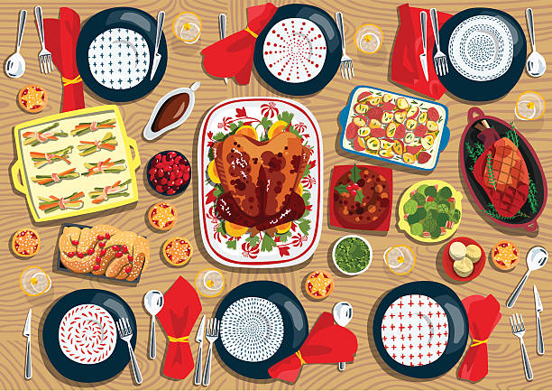 illustrazioni stock, clip art, cartoni animati e icone di tendenza di elegante tavola di natale - christmas dinner food turkey