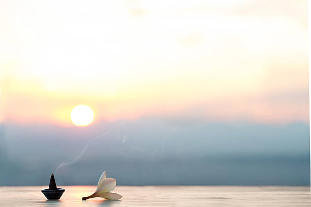 Smoke incense cones with plumeria flower on sunset