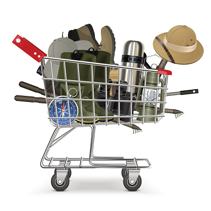 Vector supermarket cart with fish-tackle and travel accessories, isolated on white background
