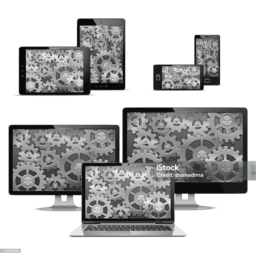 Vector Computers with Gears Vector electronic devices with gears isolated on white background Accidents and Disasters stock vector