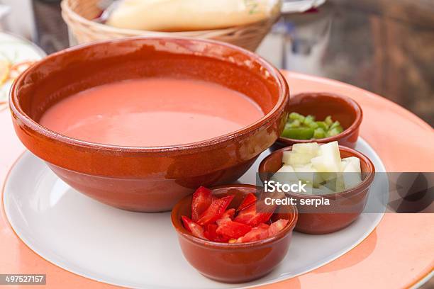 Gaspacho Cold Tomato Soup With Ingredients Stock Photo - Download Image Now - Appetizer, Bowl, Cold Temperature