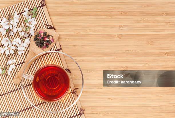 Japanese Green Tea And Sakura Branch Stock Photo - Download Image Now - Above, Backgrounds, Bamboo - Material