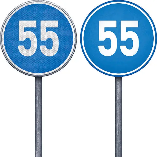 Vector illustration of Two blue minimum speed limit 55 circular road signs