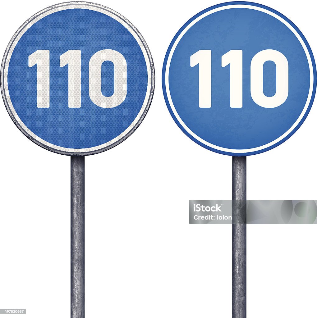 Dois blue mínimo de limite de velocidade de 110 circular road placas - Vetor de Mais de 100 Anos royalty-free