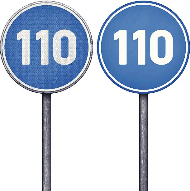 Vector illustration of Two blue minimum speed limit 110 circular road signs