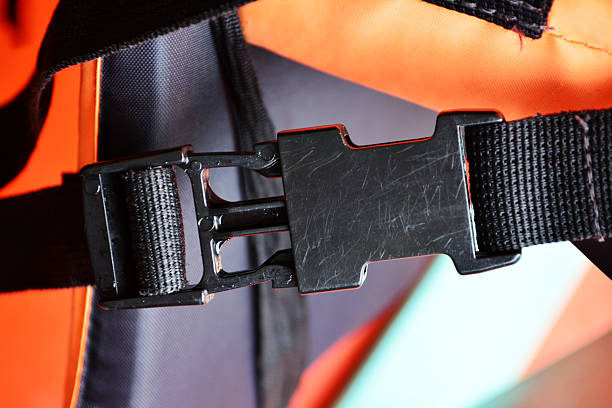 istock Lock black plastic buckle of life jackets. 497530757