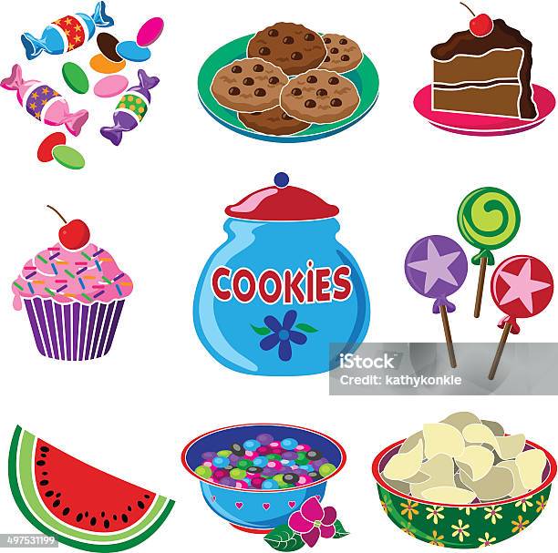 Party Treats And Snacks Stock Illustration - Download Image Now - Bowl, Cookie Tin, Candy
