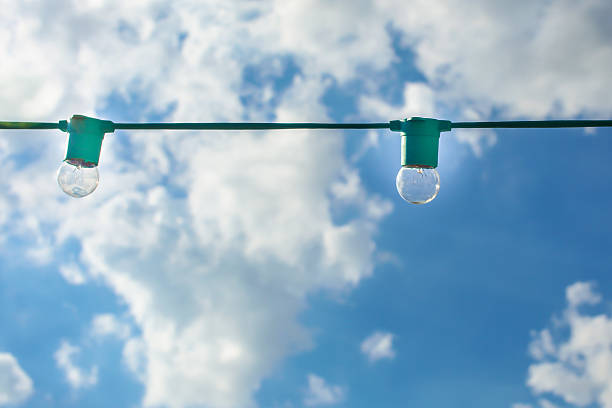 istock Bunch of small lanterns hanging with clear blue sky behind. 497533316