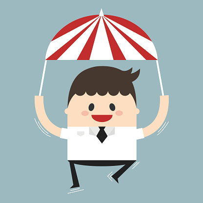 Businessman flyimg with parachute in the sky. Vector illustration. Flat design