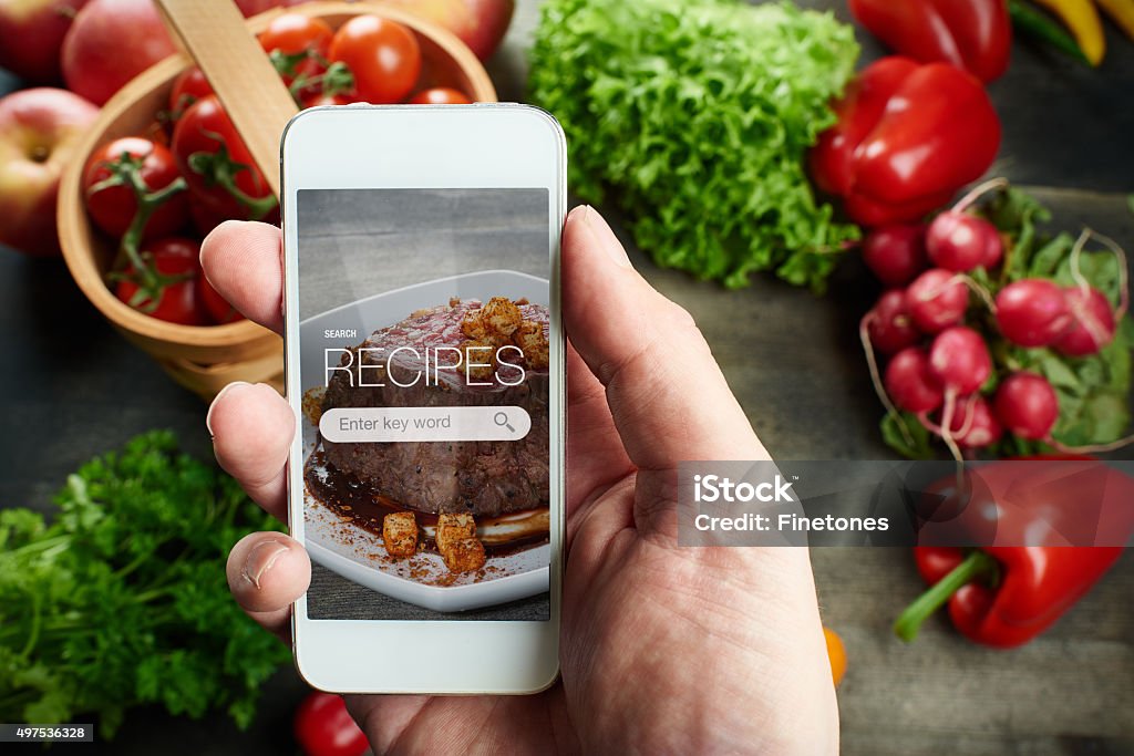 Food Rezepte auf smart phone - Lizenzfrei Garkochen Stock-Foto