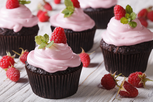 Chocolate cupcakes with pink cream and fresh raspberries on a table close-up. horizontal