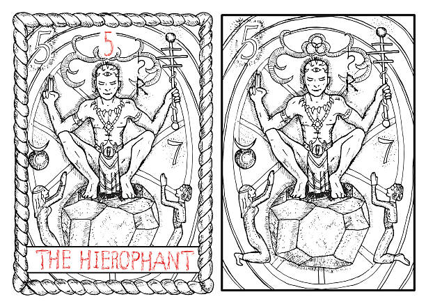 The tarot card. The hierophant The hierophant.  The major arcana tarot card, vintage hand drawn engraved illustration with mystic symbols. Priest or magician sitting on stone and holding wand. Man and woman praying. drawing of a man kneeling in prayer stock illustrations