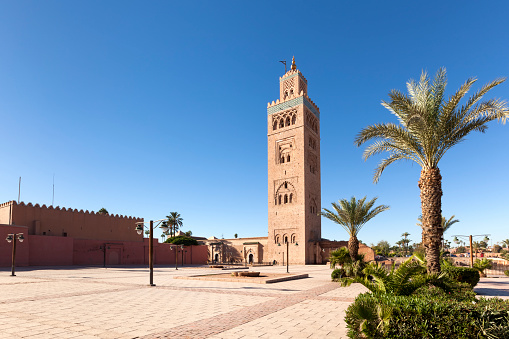 Minaret and square of Koutoubia mosque at Marrakesh, Morocco