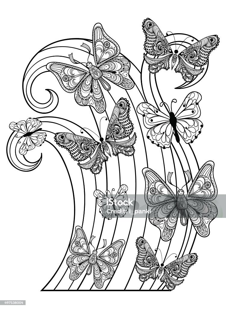 Vector flying Butterflies for adult anti stress colori Vector flying Butterflies for adult anti stress coloring pages in doodle style. Ornamental tribal patterned illustration for tattoos, posters or prints decoration. Hand drawn sketch.  A4 size. 2015 stock vector