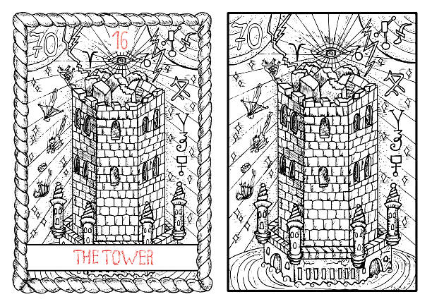 ilustraciones, imágenes clip art, dibujos animados e iconos de stock de del tarot tarjeta. la torre - icarus