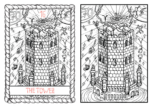 The tower.  The major arcana tarot card, vintage hand drawn engraved illustration with mystic symbols. Destroyed fortress with people falling from the roof.