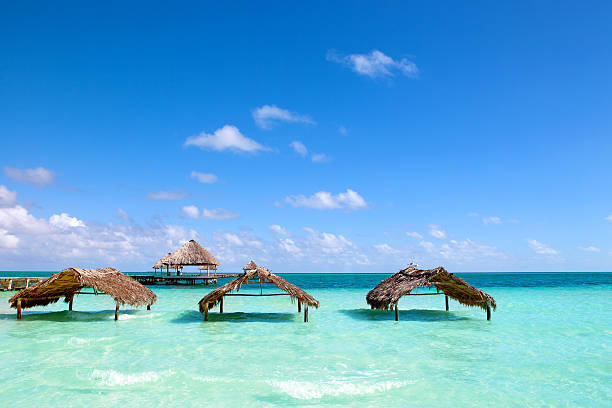 istock Tropical beach, wooden shelters, blue sky, turquoise water 497543567