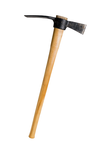 Used Cutter Mattock axe with adze (hoe) blade. Worn black metal head and long yellow hickory handle. Side-view with cutter blade facing right. Thin highlight on blade edge. Isolated on white. ** Clipping path included **