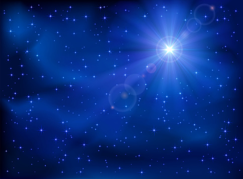 Shining star in the dark blue night sky, illustration.