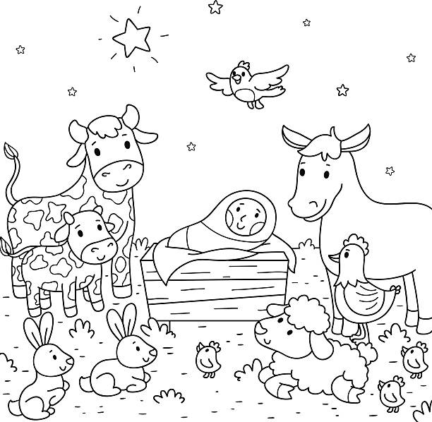 クリスマスイラスト、赤ちゃんのイエスと動物 - baby chicken illustrations点のイラスト素材／クリップアート素材／マンガ素材／アイコン素材