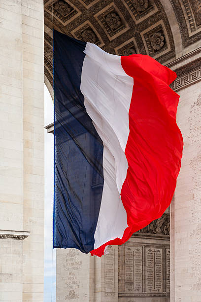 National flag of France with detail of triumphal arch, Paris, France National flag of France with detail of triumphal arch (Arc de triumphe), Paris, France arc de triomf barcelona photos stock pictures, royalty-free photos & images