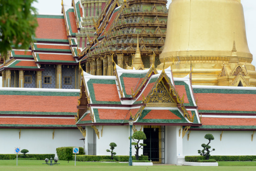 The temple complex of Wat Phra Kaew in the capital Bangkok of Thailand in South East Asia.