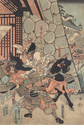 This 1850 print is part of a tryptich battle scene by the great Utagawa Yoshitsuru, (worked 1847-1852)  It depicts the opening siege of Minamoto no Yoritomo; Hojo Tokimasa and others attack Yamaki Hangan, Samuri warriors with swords and arrows fight. from all sides, some gesturing while others swing swords and spears. At right, a samurai stands his ground, a castle rises in the distance. A great Edo era design with expressive figures and an attractive landscape setting. 