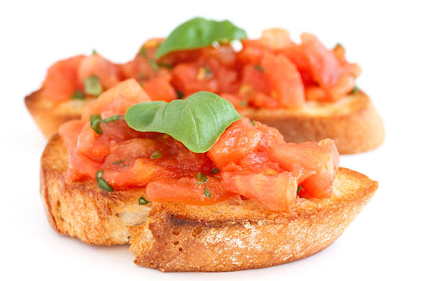 istock Classic italian bruschetta with tomato and basil on grilled bread. 497548111