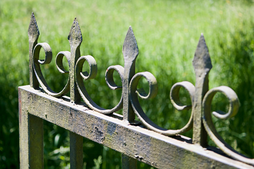 Close up of open vintage cast iron gate in the sunlight. 