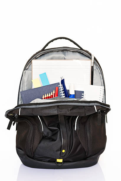 istock Black backpack filled with stationary. White background 497550545