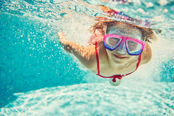 istock Little girl swimming underwater 497565165