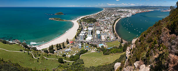 Mt. Maunganui, Bay of Plenty Panorama, New Zealand Huge Panorama from the famous Mt. Maunganui, Bay of Plenty, New Zealand (XXXL) mount maunganui stock pictures, royalty-free photos & images