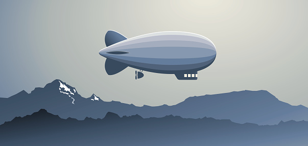 Illustration of zeppelin flying over the Mountains. EPS10 file with transparencies.