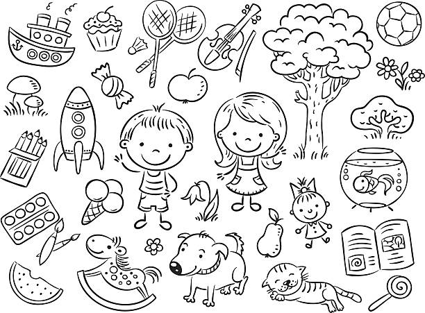 illustrations, cliparts, dessins animés et icônes de doodle ensemble d'objets de la vie des enfants - groupe dobjets illustrations