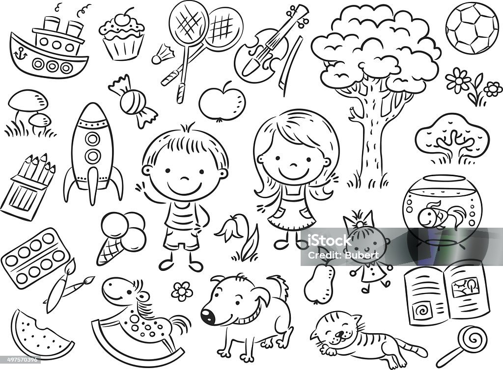 Doodle set of objects from a child's life Doodle set of objects from a child's life including pets, toys, food, plants and things for sport and creative activities Child stock vector