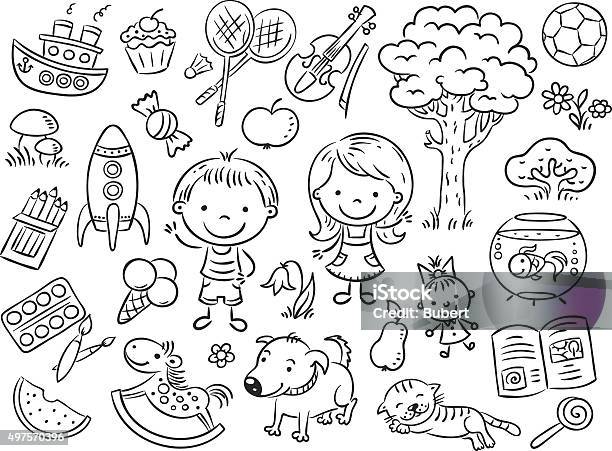 Doodle Set Of Objects From A Childs Life Stock Illustration - Download Image Now - Child, Toy, Drawing - Art Product