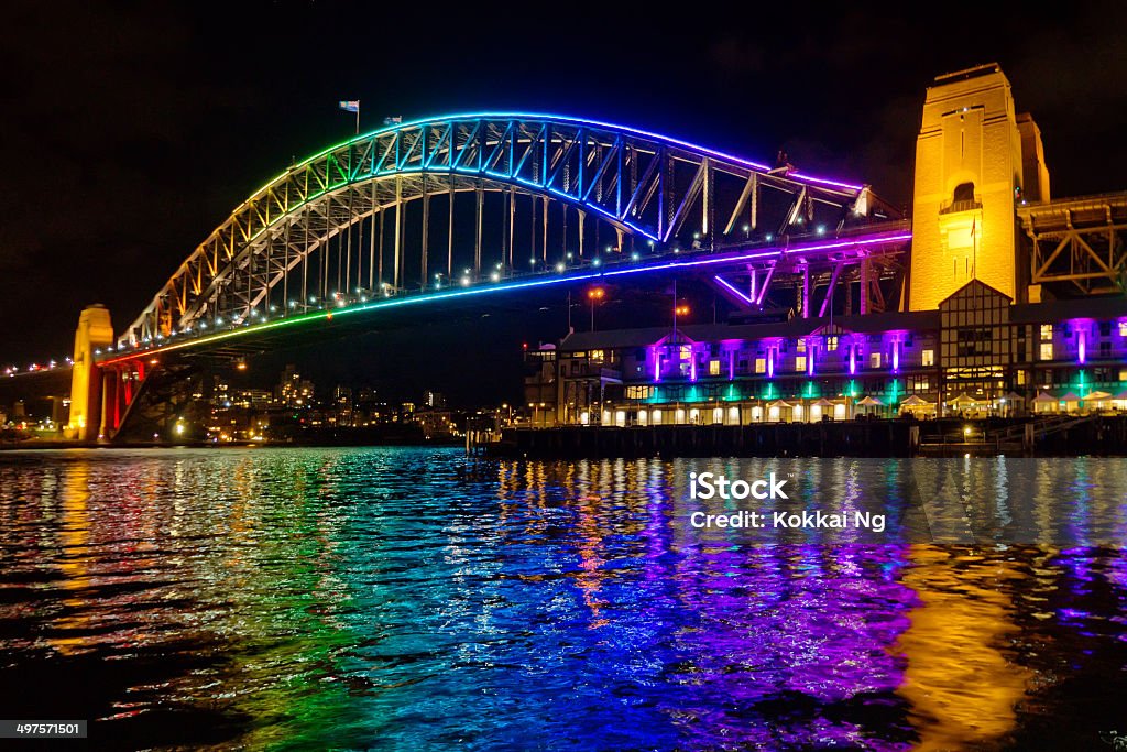 Vivid Sydney 2014 - Harbour Bridge The Sydney Harbour Bridge, lit up in rainbow coloured lights for the Vivid Sydney festival. Sydney Harbor Bridge Stock Photo