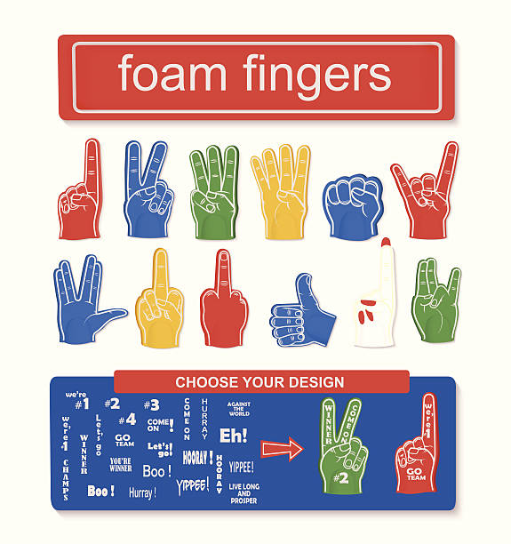 Foam finger set Collection of different foam hands for your design. Vector. vulcan salute stock illustrations