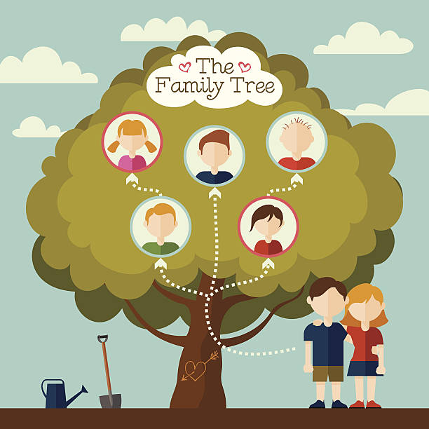Concept of family tree with couple on flat avatars The Family tree of young couple illustration with flat avatars genealogy stock illustrations